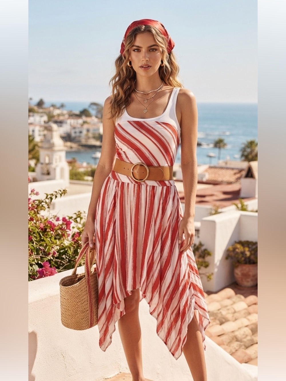 NY&C Y2K Resortwear Circuscore 4th July Red/White Asymmetrical Stripe Skirt Sz12